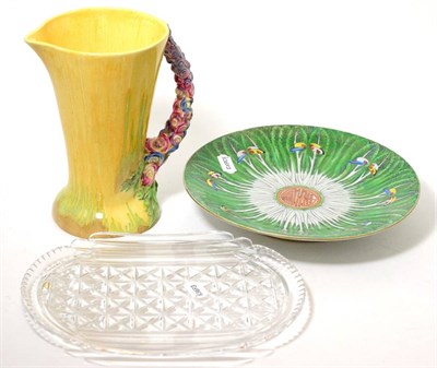 Lot 304 - A Clarice Cliff jug, Chinese porcelain charger and an Art Deco dressing table dish