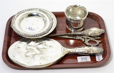 Lot 312 - A two silver dishes, silver salt, silver backed mirror etc