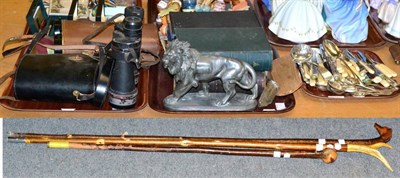 Lot 315 - A group of miscellaneous items including two pairs of leather cased binoculars, three walking...