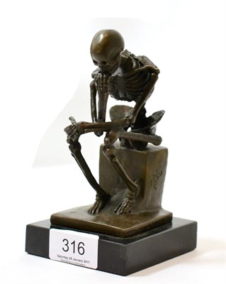 Lot 316 - Modern bronze skeleton, The Thinker - after Auguste Rodin - signed by Milo numbered A7949