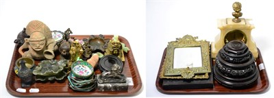 Lot 321 - Two trays of hardwood stands, Oriental enamel dishes, soapstone dishes, brass framed mirror and...