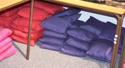 Lot 1012 - Seventeen red cotton cushions and twenty purple cotton cushions (qty)