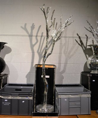 Lot 1016 - Black mirror mosaic vases, a silver example, four grey crates containing black acrylic plates...