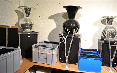 Lot 1018 - Black mirror mosaic lustre vase, a silver examples, a mirror mosaic tree, two grey crates...