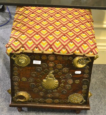 Lot 1035 - A box stool with over-stuffed seat and decorated with coins