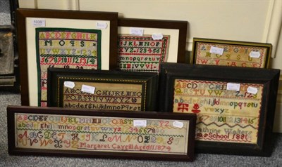 Lot 1039 - Framed 19th century alphabet samplers by Elizabeth Rainford - Marton, Barbara Black, Margaret...