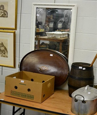 Lot 1055 - A large oval mahogany two handled gallery tray (a.f.), three piece plated tea service, pewter...