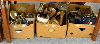 Lot 1071 - A corinthuim column oil lamp, copper kettle, plated flatware, a pair of brass candlesticks, two...