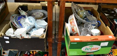 Lot 1074 - Two boxes of ceramics and glass including large boat shaped comport and a set of three jugs