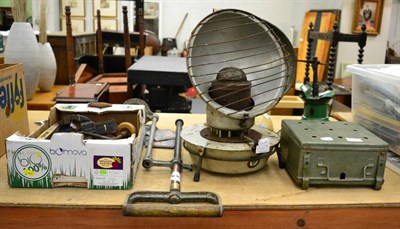 Lot 1079 - Gas lamp, two oil lamps and a collection of tools