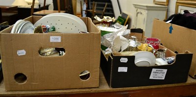 Lot 1086 - Two boxes of ceramics and glass including brass vase, plated teapot etc