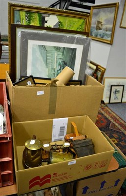 Lot 1110 - Assorted pictures and prints, brass and copper, postal scales, sets of binoculars etc (2 boxes)