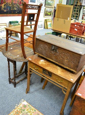 Lot 1119 - An early 20th Century oak side table in the Chinese taste together with a matching chair, a...