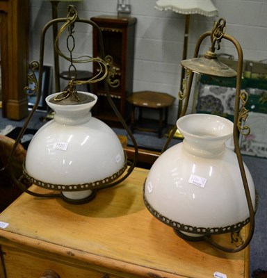 Lot 1120 - A pair of converted hanging oil lamps, now electric