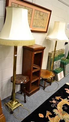 Lot 1128 - A pair of brass Corinthian column small standard lamps, two oak occasional tables, and a small...