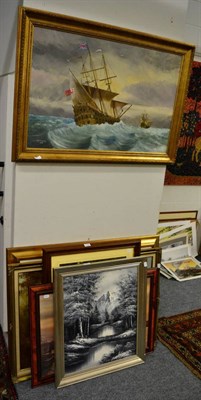 Lot 1138 - A E Brooke (20th Century)  Man O' War, oil on board, two landscape oils and three prints (6)