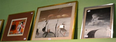 Lot 1150 - Michael Goddard (20th century) Abstract figures in a desolate landscape, signed and dated...