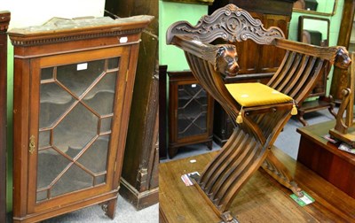 Lot 1215 - Savonarola chair with cushion, and glazed corner cupboard