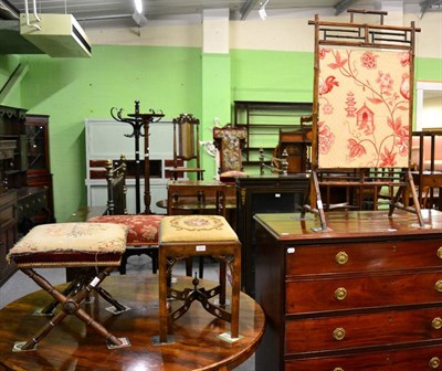 Lot 1290 - A 19th century rosewood cross framed stool, two other stools and a bamboo fire screen  (4)