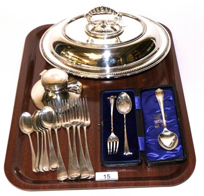 Lot 15 - A set of six silver teaspoons, five matching forks, another silver spoon, cased Christening...