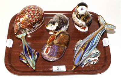 Lot 21 - Six Royal Crown Derby animal paperweights consisting of 'Armadillo'; 'Baby Bottlenose Dolphin';...