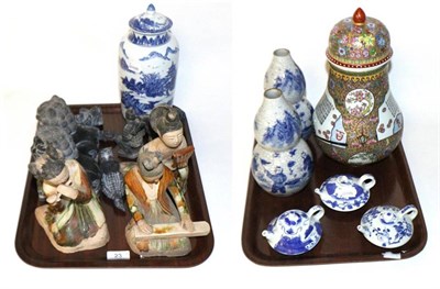 Lot 23 - Chinese blue and white crackle glaze vases, vase and cover, three tea pots, a multi -coloured...