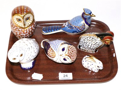 Lot 24 - Six Royal Crown Derby animal paperweights consisting of 'Derby Ram'; 'Rabbit'; 'Bird' and three...