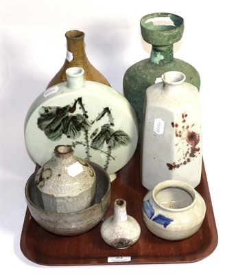 Lot 33 - 20th Century Korean moon flask vase, a bronze vase and other Asian pottery