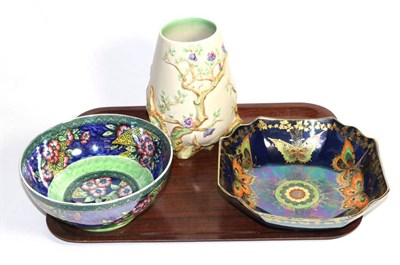 Lot 35 - A Crown Devon lustre dish; a Maling lustre dish and a Clarice Cliff relief modelled vase (3)