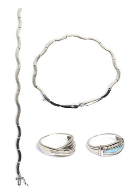 Lot 65 - Two modern white metal and diamond rings, stamped 14k; with a similar necklace, damaged (3)