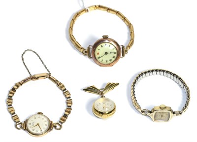 Lot 68 - Three ladies watches one stamped '14K', one 9 carat together with a fob watch (3)