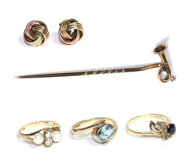 Lot 89 - Three gem set rings; a horn stock pin and a pair of knot earrings
