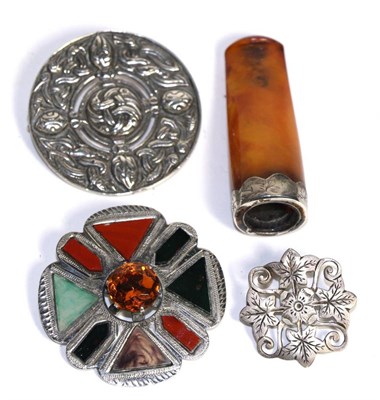 Lot 91 - Two Scottish silver brooches; a silver button and a silver mounted cheroot holder