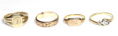 Lot 114 - Three 9 carat gold rings and an 18 carat gold ring (a.f.)