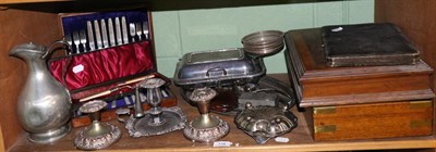 Lot 118 - Various canteens including a burr walnut example, flatware and silver plate (one shelf)