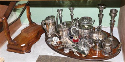 Lot 124 - An Edwardian inlaid twin handled tray, together with a quantity of silver plate, a toilet...