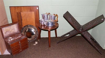 Lot 131 - An early 20th century dentist's travelling case, a Piquot ware tea service; a carved folding stand