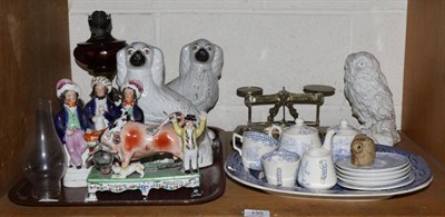 Lot 135 - A reproduction Staffordshire pottery figure of a bull fighter, a pair of seated spaniels, Victorian