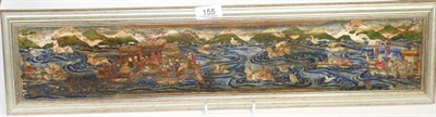 Lot 155 - A Chinese painted wood panel, Qing, painted in colours with a floating palace, a junk and...