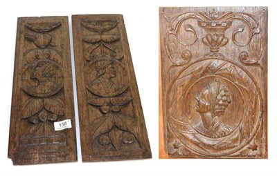 Lot 158 - A carved oak panel, probably Flemish, 16th century, with a fluted vase over a roundel with a...