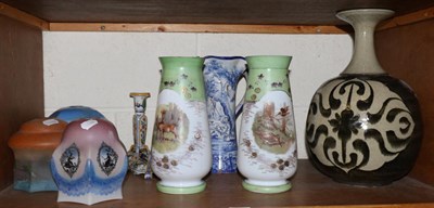 Lot 164 - A pair of painted Victorian vases, faience jug, a pair of faience candlesticks, three painted glass