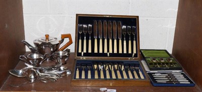 Lot 167 - An Art Deco silver plated tea service, a set of fish knives and forks, assorted plated flatware etc