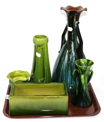 Lot 175 - A Linthorpe pottery twin-handled vase, shape no. 2078, three pieces of green glazed Bretby and...