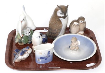 Lot 185 - A small group of Royal Copenhagen including owl and other bird models, mermaid dish etc