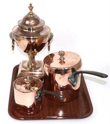 Lot 189 - A 19th century copper samovar together with two graduated pans and lids (3)