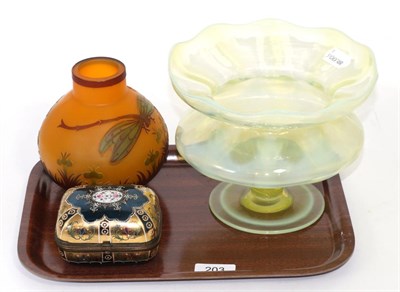 Lot 203 - Vaseline glass bowl; cameo lamp shade; and a Bohemian glass casket