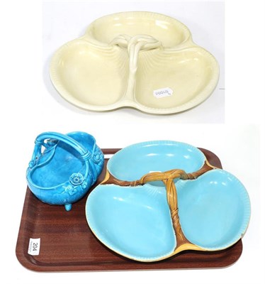 Lot 204 - A 19th century Minton tri-form hors d'oeuvres dish in blue and brown together with a cream...