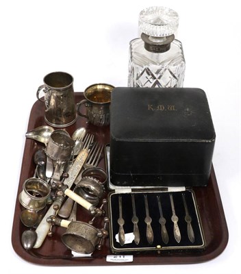 Lot 211 - A group of silver including Christening mugs, twin handle bowl, napkin rings, lobster picks and...