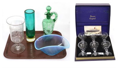 Lot 219 - Cased set of six Stuart glasses, bases engraved 'RMS Ivernia', celery glass, Mary Gregory decanter