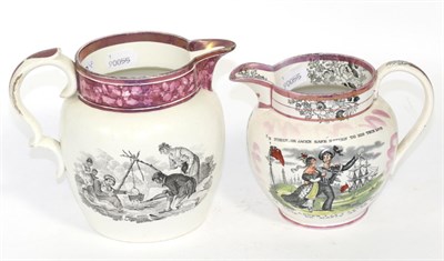 Lot 222 - Two 19th century transfer printed and pink lustre jugs - Jack's Return and Rustic Scene